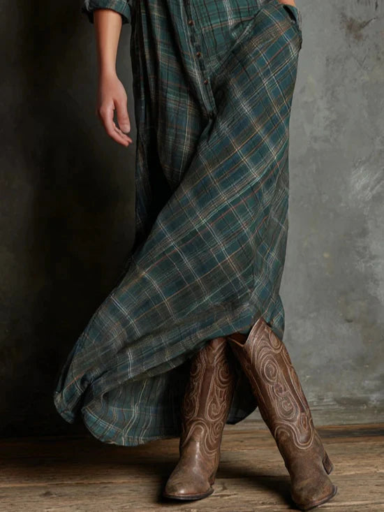 Green Plaid Lapel Single-Breasted Shirt Long Dress
